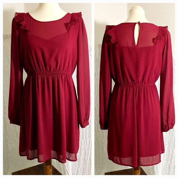 Forever 21 Burgandy Long Sleeve Dress Size L - Picture 1 of 11